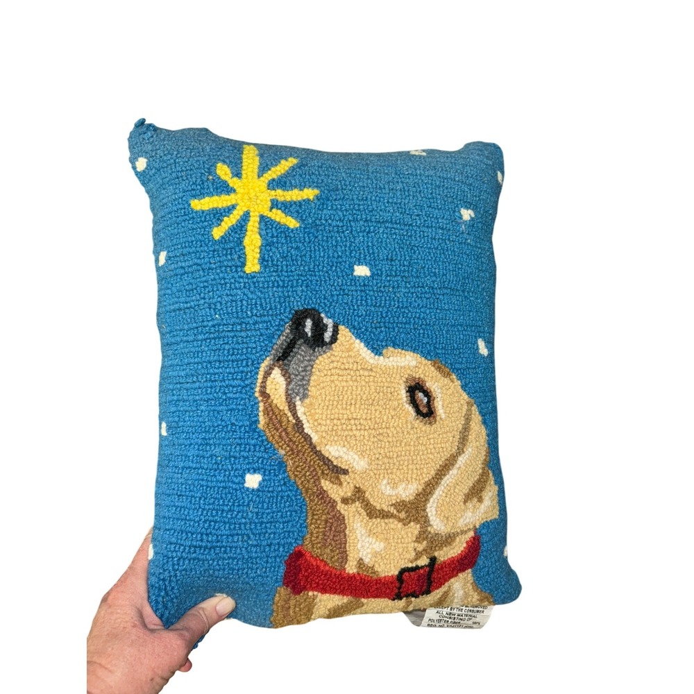 All Is Calm‎ & Bright Lab Star Hooked Wool Throw Pillow Blue 14x18 Dog Decor - Picture 2 of 8
